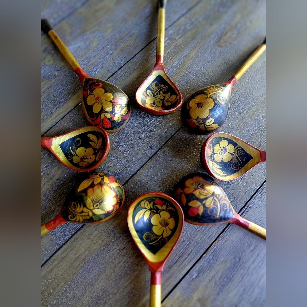 Handcrafted Floral Wooden Spoons (8) - 1950's Vintage In Gold and Black Colors
